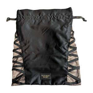 Victoria's Secret Black Satin Lingerie Bag Corset Mesh Lace Up Drawstring Large